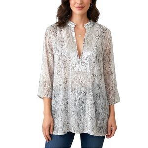 Chico's 2 Silver Sequin Snakeskin Patterned Sheer Tunic Top Blouse Large